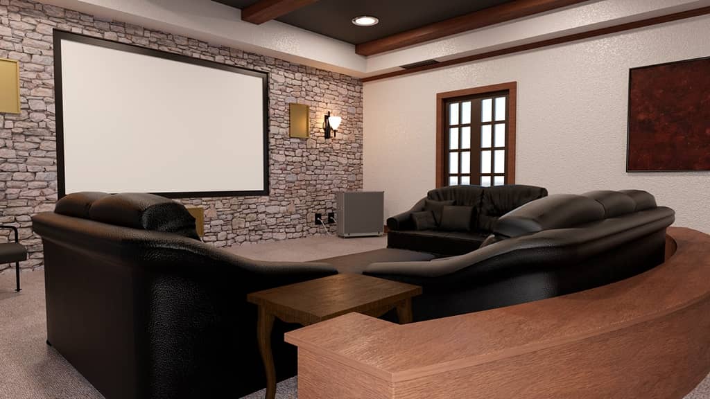 stone wall behind projector screen in a home theater